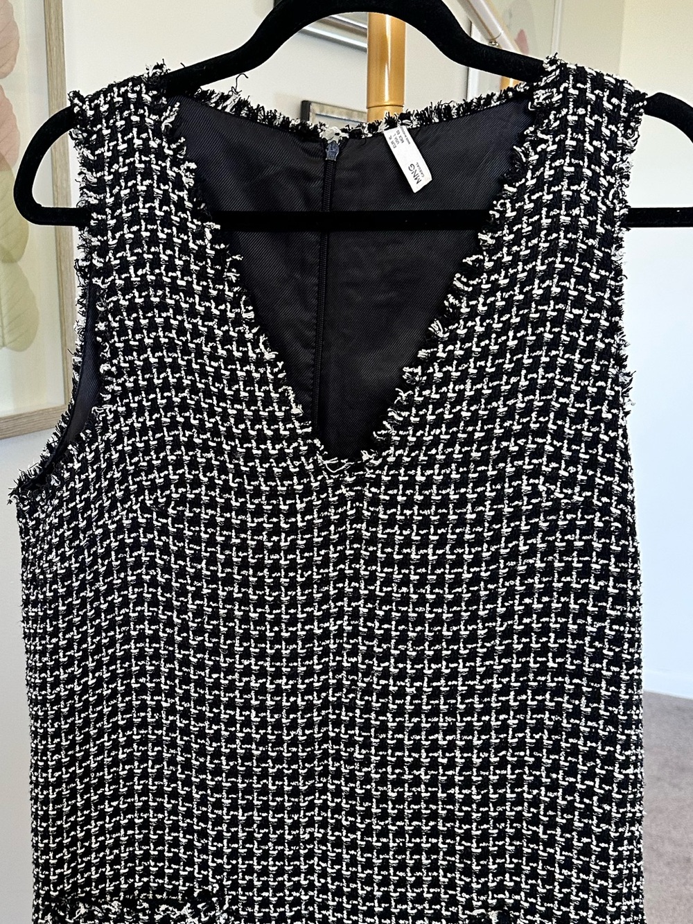 Mango Black & White Tweed V-Neck Mini Dress - Size L
